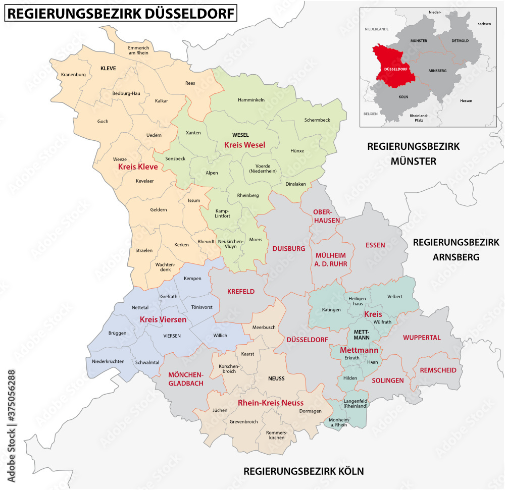 administrative vector map of the Dusseldorf region in German language, North Rhine-Westphalia, Germany.jpg