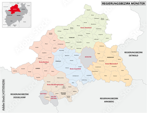 administrative vector map of the Munster region in German language, North Rhine-Westphalia, Germany