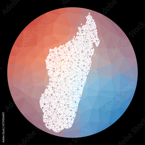 Vector network Madagascar map. Map of the country with low poly background. Rounded Madagascar illustration in technology, internet, network, telecommunication concept style.