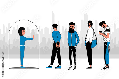 A young woman stands inside a transparent glass bubble and a crowd of people. The concept of isolation from society, social isolation, asociality of the individual.Flat cartoon vector illustration. photo