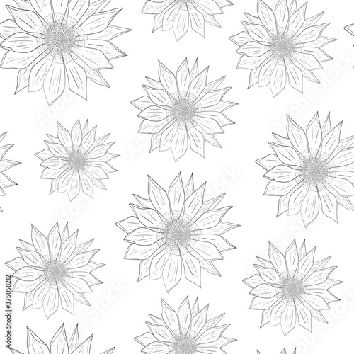 Seamless floral graphics in black and white colors. Outline of flowers on white bright background. Template swatch. Vector illustration.