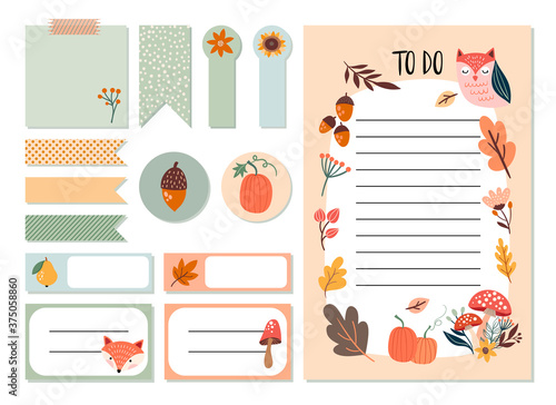 Autumn planner stickers set and To Do list with cute seasonal elements, template for notebook and stationery, hand drawn design