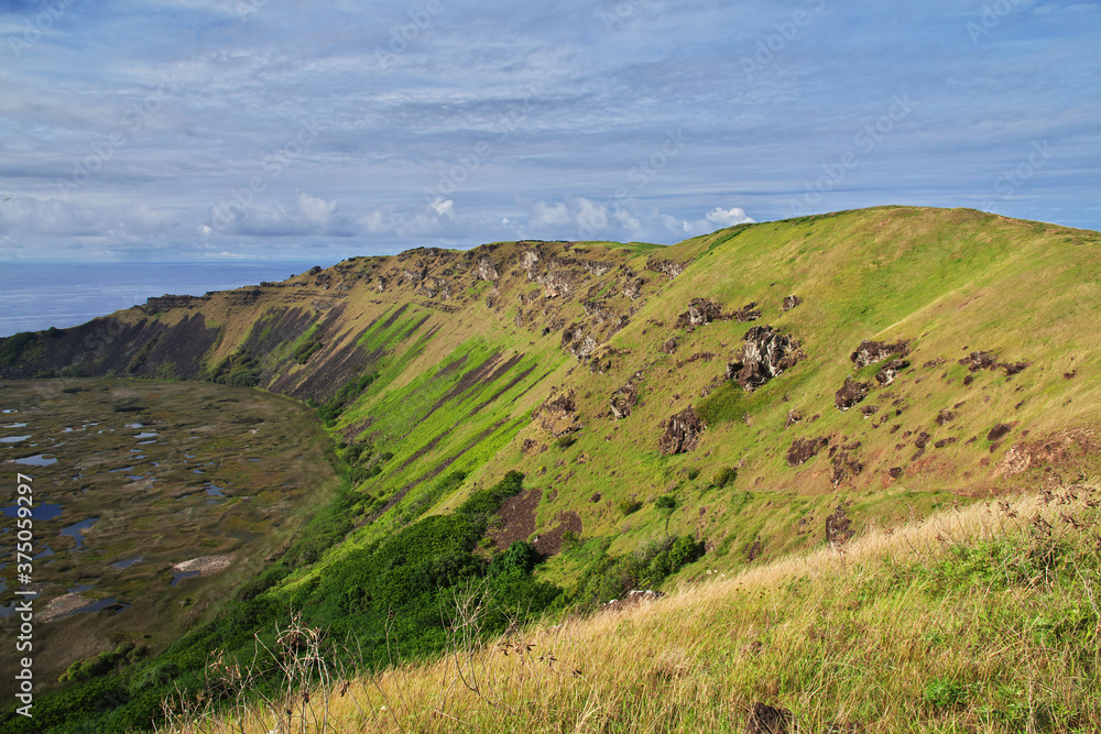 Crater of Rano Kau volcano in Rapa Nui, Easter Island, Chile