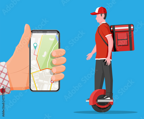 Smartphone with app and man riding monowheel with the box. Concept of fast delivery in the city. Male courier with parcel box on his back with goods and products. Cartoon flat vector illustration