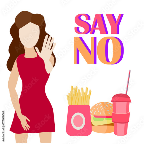 healthy lifestyle. Say no to junk food. The girl refuses to eat in fast food. Banner.  woman restricting herself. Vector illustration in flat style. Dieting and healthy lifestyle.