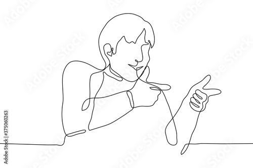 drawing the man put his index fingers in one direction, his head is pulled into the neck and he himself leaned back. one continuous line drawing concept of support, consent, friendly gesture