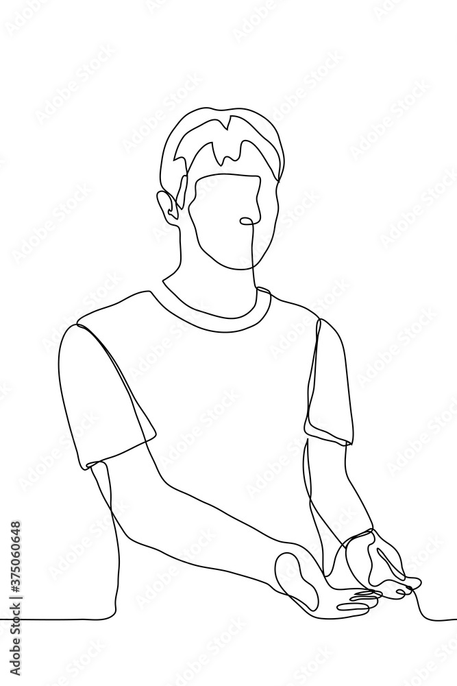 man begs for alms stretching out both hands. One continuous line drawing of a male beggar