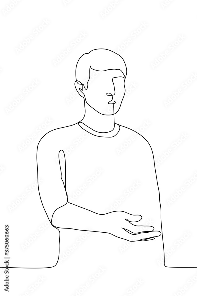 man stands stretching out his hands, palm up, he asks for something (alms). One continuous line drawing concept of beggar, asking for help, calling attention to yourself, declaring your needs man stands stretching out his hands, palm up, he asks for something (alms). One continuous line drawing concept of beggar, asking for help, calling attention to yourself, declaring your needs