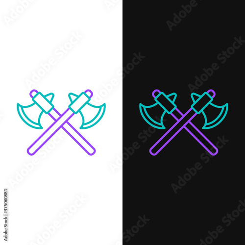 Line Crossed medieval axes icon isolated on white and black background. Battle axe, executioner axe. Colorful outline concept. Vector.