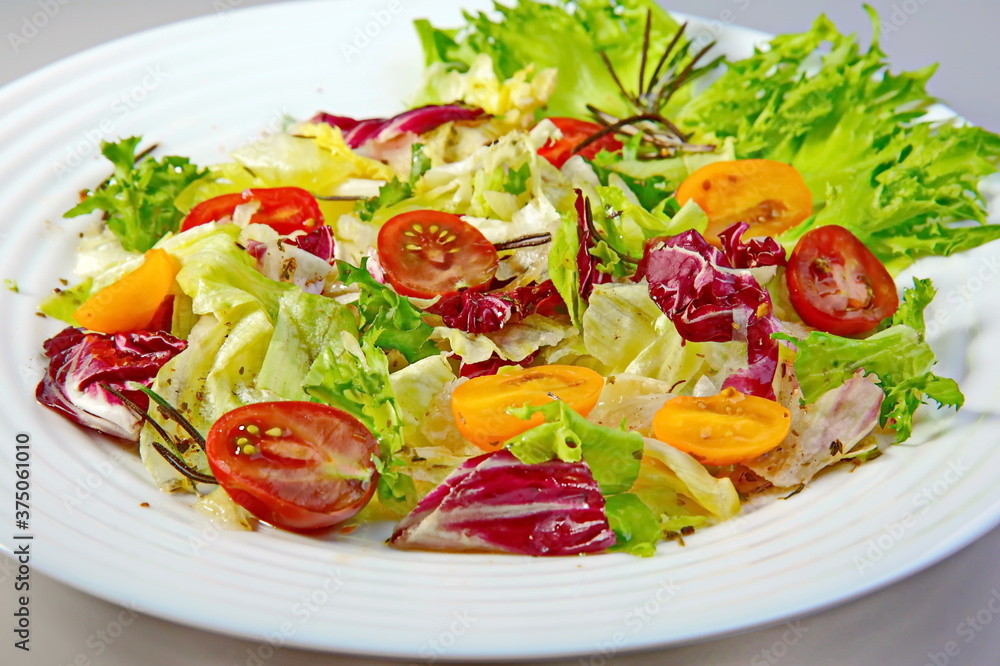 Salad of cabbage, tomatoes, lettuce, seasoned with vegetable oil on a white plate. The concept of healthy eating. Dish for vegan, Keto diet and paleo diet. Salad of cabbage, tomatoes, lettuce, seasoned with vegetable oil on a white plate. The concept of healthy eating. Dish for vegan, Keto diet and paleo diet.