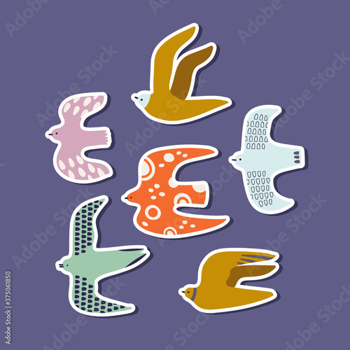 Collection of cartoon stickers with flying birds. Hawk, eagle, dove, duck, gull isolated on blue backdrop. Hand drawn flock of birds. Flat vector illustration for logo, web, apps, t-shirt design.