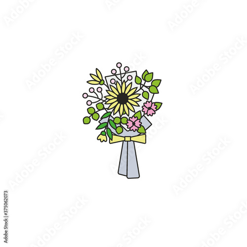 Wildflowers and sunflower bouquet in the wrapping paper - flat color line icon on isolated white background. Wild flower rustic composition for wedding, birthday gift, anniversary.