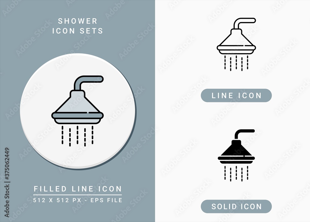 Shower icons set vector illustration with icon line style. Shower sprinkler bathroom concept. Editable stroke icon on isolated white background for web design, user interface, and mobile application