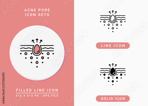 Acne pore icons set vector illustration with solid icon line style. Layer skin inflammation concept. Editable stroke icon on isolated background for web design, infographic and UI mobile app.