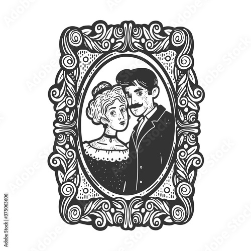 Vintage old fashioned photo of a married couple sketch engraving vector illustration. T-shirt apparel print design. Scratch board imitation. Black and white hand drawn image.