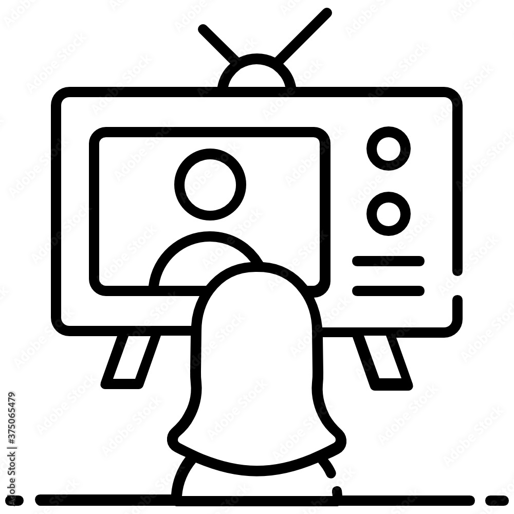 Naklejka premium Small girl in front of television, icon of watch tv in flat vector 