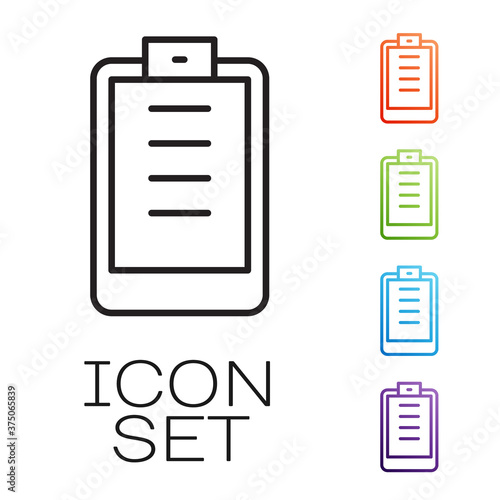 Black line Clipboard with checklist icon isolated on white background. Control list symbol. Survey poll or questionnaire feedback form. Set icons colorful. Vector.