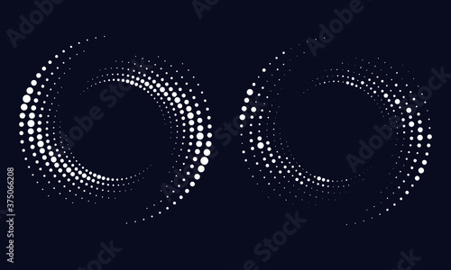 Random dotted, dots, halftone speckles concentric circle. Spiral, swirl, twirl element. Circular and radial lines volute, helix. Segmented circle with rotation.