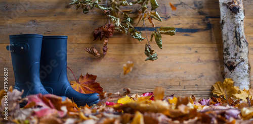 Autumn composition with rubber boots in front of a leafy wooden background thanksgiving festivities invitation authentic autumn weather nature decoration bio diy natural background text space