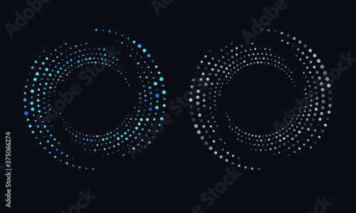 Random dotted, dots, halftone speckles concentric circle. Spiral, swirl, twirl element. Circular and radial lines volute, helix. Segmented circle with rotation.