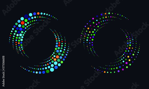 Random dotted, dots, halftone speckles concentric circle. Spiral, swirl, twirl element. Circular and radial lines volute, helix. Segmented circle with rotation.