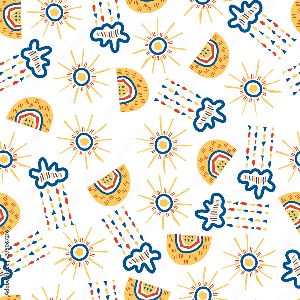 Fototapeta premium Weather seamless pattern for wallpaper, wrapping paper, scrapbooking. Childish vector background. Simple endless illustration with cloud, sun, rainbow