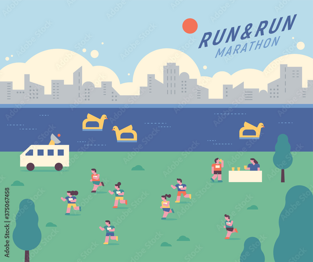 People running a marathon in a park with a river. flat design style minimal vector illustration.