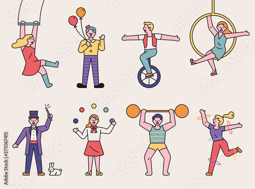 A collection of characters from circus members showing various stunts. flat design style minimal vector illustration.