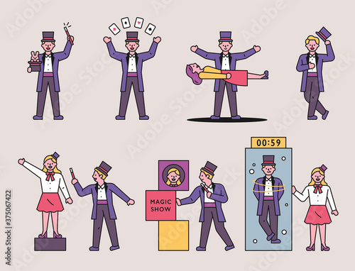 The magician is showing various magic shows at the performance. flat design style minimal vector illustration.