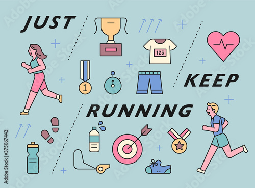 Male and female running characters and exercise icons set. flat design style minimal vector illustration.