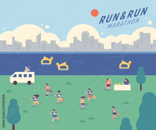 Fototapeta Naklejka Na Ścianę i Meble -  People running a marathon in a park with a river. flat design style minimal vector illustration.