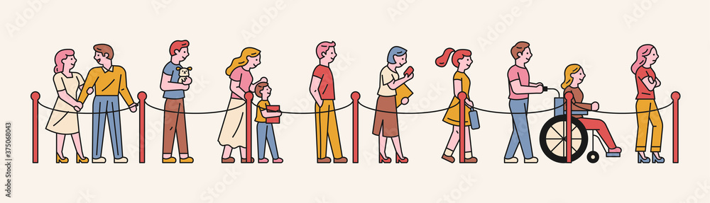 People waiting in line to watch a movie. flat design style minimal vector illustration.