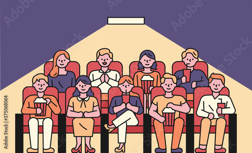 Audience sitting in a theater watching a movie. flat design style minimal vector illustration.