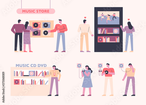 Customers who purchase records at record stores and those who listen to sample CDs. flat design style minimal vector illustration.