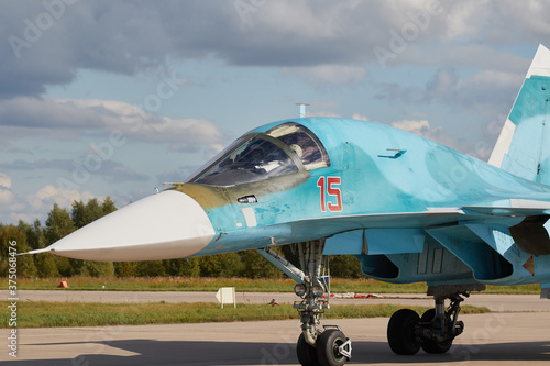 Landing of aircraft jet aircraft Su-34
  at the air show