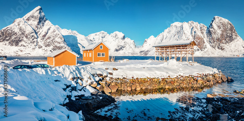 Bright morning scene of Sakrisoy village, Norway, Europe. Panoramic winter view of Lofoten Islads with typical wooden houses. Stunning seascape of Norwegian sea. Life over polar circle.. © Andrew Mayovskyy