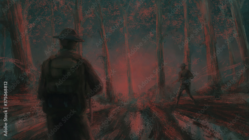 two solider looking  at  mysterious light behind the trees
,digital art, Illustration painting