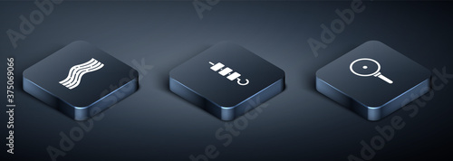 Set Isometric Bacon stripe, Frying pan and Grilled shish kebab on skewer stick icon. Vector.