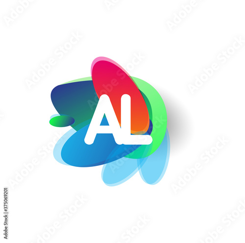 Letter AL logo with colorful splash background, letter combination logo design for creative industry, web, business and company.