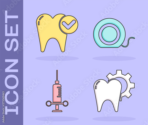 Set Tooth treatment procedure, Tooth whitening concept, Dental medical syringe and Dental floss icon. Vector.