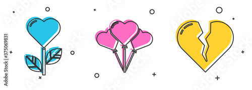 Set Heart shape in a flower, Balloons in form of heart and Broken heart or divorce icon. Vector.