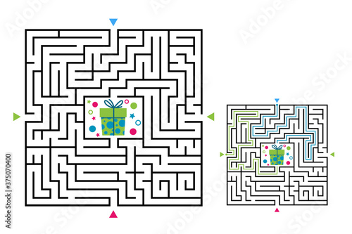 Square maze labyrinth game for kids. Labyrinth logic conundrum. Four entrance and two right way to go. Vector flat illustration isolated on white background.