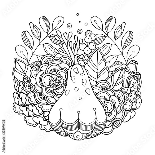 Pumpkin with flowers and leaves vector illustration