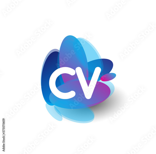 Letter CV logo with colorful splash background, letter combination logo design for creative industry, web, business and company.
