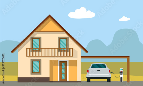House and electric pickup car on charging against the background of an abstract landscape. Vector illustration.