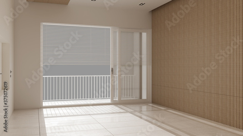 Wallpaper Mural Empty room interior design, open space with big panoramic window, marble tiled floor, white and wooden walls, venetian blinds, modern architecture idea Torontodigital.ca
