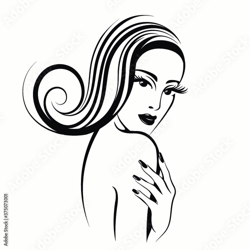 Woman with elegant hairstyle, manicure and makeup.Hair salon, nails art and beauty studio logo.Hairdresser, cosmetics and spa icon.Young lady portrait.Beautiful face isolated on white background.