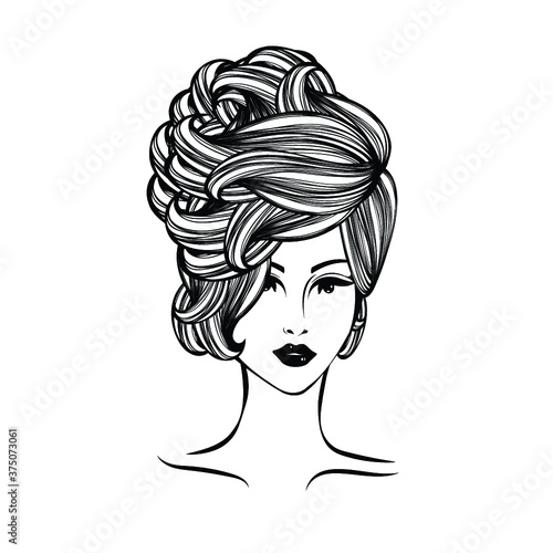 Woman with elegant hairstyle and makeup.Beauty salon logo.Hairdresser, cosmetics and spa icon.Young lady portrait.Beautiful face isolated on white background.Messy hair bun.