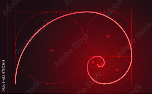 Leonardo da Vinci day. The golden ratio template spiral. Fibonacci number. Circles in golden proportion icon. Mathematics mat formula code. Drawing Physics, grid divine proportion. line pattern. Geome