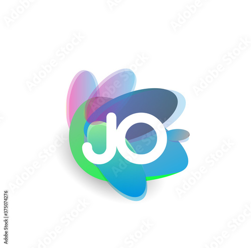 Letter JO logo with colorful splash background, letter combination logo design for creative industry, web, business and company.
